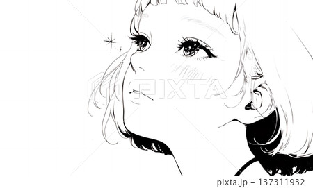 輝く瞳で見つめる好奇心旺盛な若い女性（シンプルな色使い）