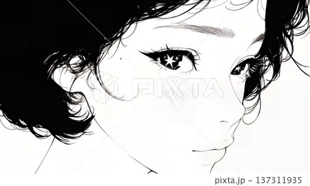 輝く瞳で見つめる好奇心旺盛な若い女性（シンプルな色使い）