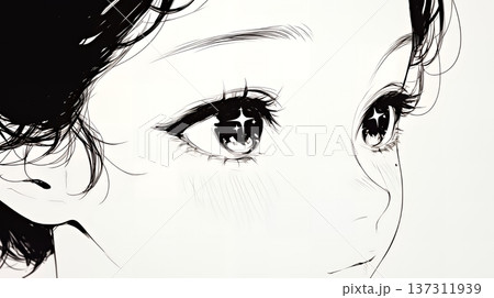 輝く瞳で見つめる好奇心旺盛な若い女性（シンプルな色使い）