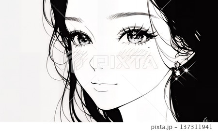 輝く瞳で見つめる好奇心旺盛な若い女性（シンプルな色使い）