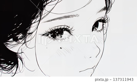 輝く瞳で見つめる好奇心旺盛な若い女性（シンプルな色使い）