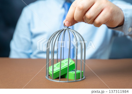 A businessman locks up their money under a hood. Reserve funds and an emergency fund for financial security liquidity management and risk protection strategy. 137311984