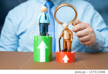 A comparison of the standard of living of a young worker and a retired man. Elderly people lack the means to live exposing income inequality and pension gap. 137311986