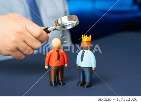 A man evaluates a leader in a competitive struggle. Business competition analysis with performance benchmarking strategic rivalry and market positioning. A man evaluates a leader in a competitive struggle. Business competition analysis with performance benchmarking strategic rivalry and market positioning. 137312026