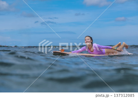 Surfing Morning Workout, Calm Sea And Bright Morning Inspire Physical Training Surfing Morning Workout, Calm Sea And Bright Morning Inspire Physical Training 137312085