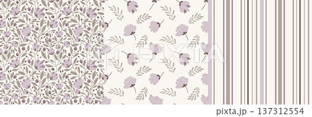 Floral seamless pattern set with vintage flowers and stripes 137312554