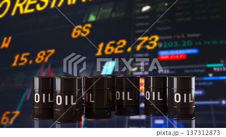 Oil Barrels With Global Energy Market Trading Data Background 3d render. 137312873