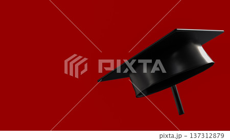 Minimal Black Graduation Cap on Red Background 3d render. Minimal Black Graduation Cap on Red Background 3d render. 137312879