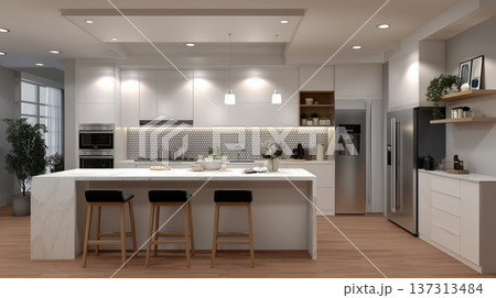 Modern Minimalist Kitchen Design Featuring Elegant Marble Island, Sleek Appliances, and Contemporary 137313484