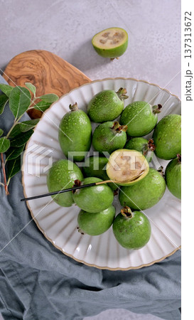 Freshly Picked Feijoa Fruit on a White Plate 137313672