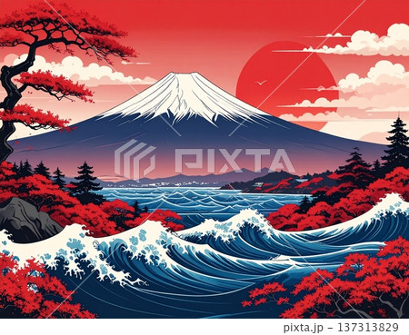浮世絵風の富士山と荒波 赤い紅葉の和風風景イラスト 137313829
