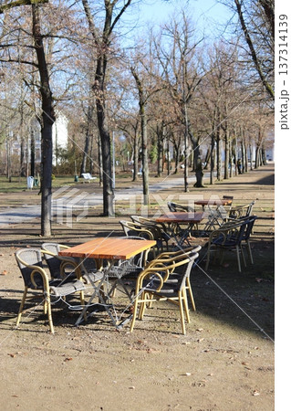 Empty tables at a street cafe in a park in early spring or autumn 137314139
