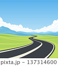 Winding Road Landscape, Cartoon Vector Illustration. Scenic Highway Through Green Hills with Blue Mountains and Clouds. Summer Countryside Square Background. Curved Asphalt Road Perspective 137314600