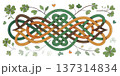 Intricate Celtic knot illustration with shamrocks and clovers. St. Patrick's Day symbol of Irish heritage and good luck. Decorative ornament isolated on a white background 137314834