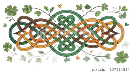 Intricate Celtic knot illustration with shamrocks and clovers. St. Patrick's Day symbol of Irish heritage and good luck. Decorative ornament isolated on a white background 137314834