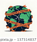 A fragile and cracked planet Earth wrapped in caution tape. Environmental crisis and global warming concept. A symbol of danger and the need for ecological protection 137314837