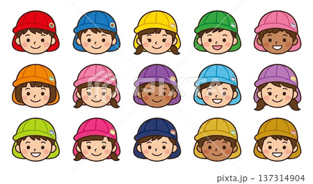 ポップな色のカラー帽子（赤・青・黄・緑など）を被った子どもの顔アイコンセット 137314904