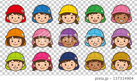ポップな色のカラー帽子（赤・青・黄・緑など）を被った子どもの顔アイコンセット 137314904