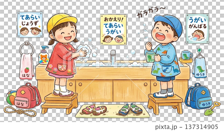 外から帰ってきて、手洗いとうがいを頑張る子ども 137314905