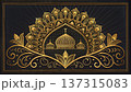 Luxurious gold Islamic design with a mosque silhouette. Ornate arabesque pattern on a dark background. Ramadan Kareem and Eid Mubarak celebration concept 137315083