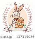 An adorable illustration of a cute Easter bunny holding a decorated egg. Spring holiday cartoon character with a blank banner for copy space 137315086