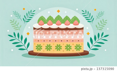A cute illustration of a multi-layered celebration cake with strawberries. Festive dessert with floral patterns in a flat design style. Bakery and sweet food concept 137315090