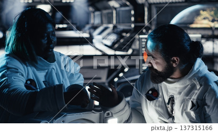 Researchers fly together in starship exploring Mars, expanding human presence in space Cosmonauts ensuring operational readiness before landing on red planet supporting future colonization 137315166