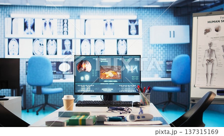 Empty medical office equipped with diagnostic tools and monitor set for healthcare consultations and medical research, provide accurate diagnosis and patient care at the cabinet. 137315169