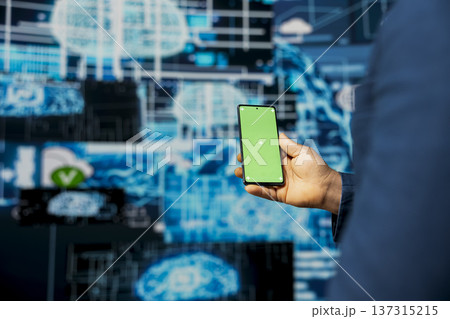 Modern black person in digital space uses isolated display with AI tools, representing artificial intelligence data structures and intelligent systems. Innovation and cybernetics for science. Modern black person in digital space uses isolated display with AI tools, representing artificial intelligence data structures and intelligent systems. Innovation and cybernetics for science. 137315215