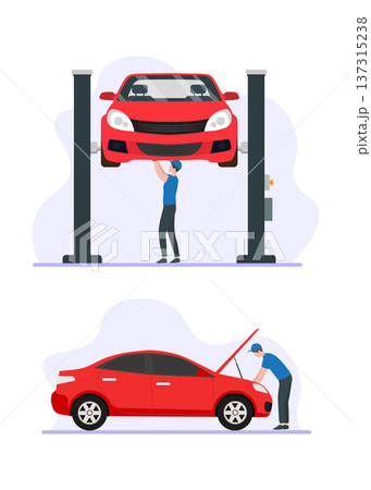 Mechanic repairing red car on lift and under hood stock illustration. Mechanic repairing red car on lift and under hood stock illustration. 137315238