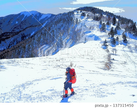 雪の小根子岳から四阿山方面を見つめる登山者（afr20260220105058） 137315450