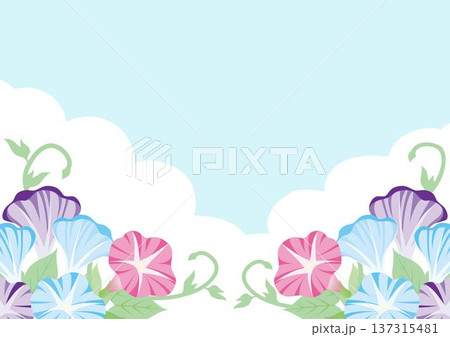朝顔と入道雲のフレーム。夏休み、日本の夏、サマーセール広告背景 朝顔と入道雲のフレーム。夏休み、日本の夏、サマーセール広告背景 137315481