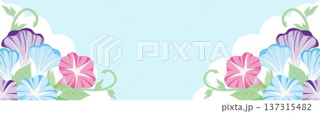 朝顔と入道雲のフレーム。夏休み、日本の夏、サマーセール広告背景 朝顔と入道雲のフレーム。夏休み、日本の夏、サマーセール広告背景 137315482