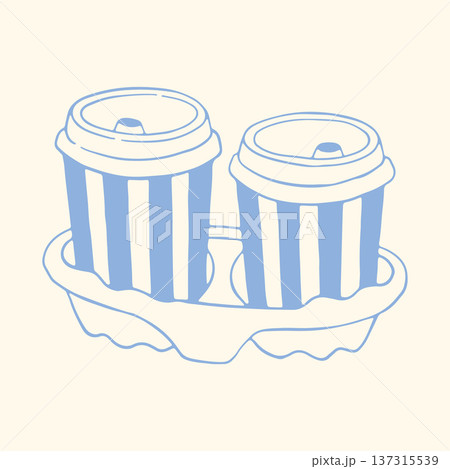 Hand drawn two striped takeaway coffee cups in double cardboard holder, minimalist blue line style. Cute cafe vector perfect for coffee shop branding, menu, packaging, street coffee design 137315539