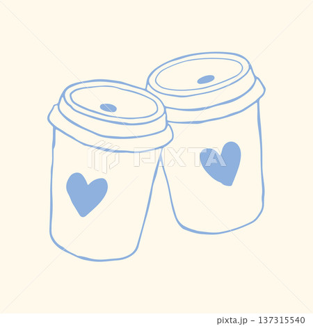 Hand drawn two coffee cups with heart symbols in minimalist blue line style. Cute romantic cafe vector illustration perfect for Valentine design, coffee shop branding, menu and packaging Hand drawn two coffee cups with heart symbols in minimalist blue line style. Cute romantic cafe vector illustration perfect for Valentine design, coffee shop branding, menu and packaging 137315540