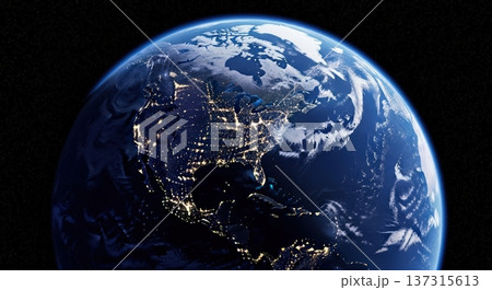 宇宙から見た北米大陸と都市ネットワーク光が広がるテック・AI時代の未来イメージ 137315613