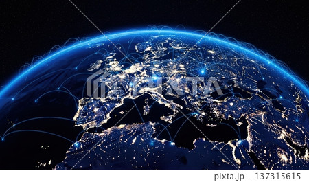 宇宙から見たヨーロッパ大陸と都市ネットワーク光が広がるテック・AI時代の未来イメージ 宇宙から見たヨーロッパ大陸と都市ネットワーク光が広がるテック・AI時代の未来イメージ 137315615