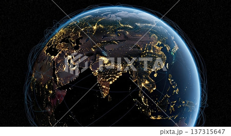 宇宙から見た日本とアジアの都市ネットワーク光が広がるテック・AI時代の未来イメージ 137315647