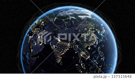 宇宙から見た日本とアジアの都市ネットワーク光が広がるテック・AI時代の未来イメージ 137315648