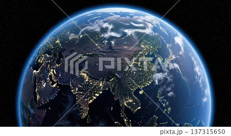 宇宙から見た日本とアジアの都市ネットワーク光が広がるテック・AI時代の未来イメージ 137315650