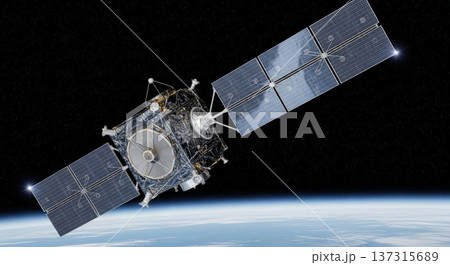 宇宙空間に浮かぶ人工衛星と美しい地球の壮大なイメージ 137315689