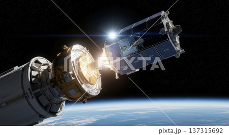 宇宙空間に浮かぶ人工衛星と美しい地球の壮大なイメージ 137315692