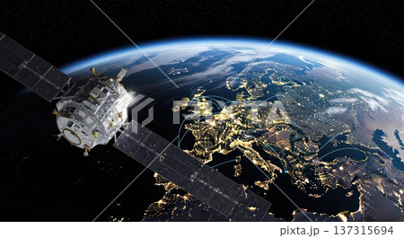 宇宙空間に浮かぶ人工衛星と美しい地球の壮大なイメージ 137315694
