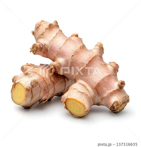 Fresh Raw Ginger Roots on White Background with Textured Skin and a Unique Shape 137316635