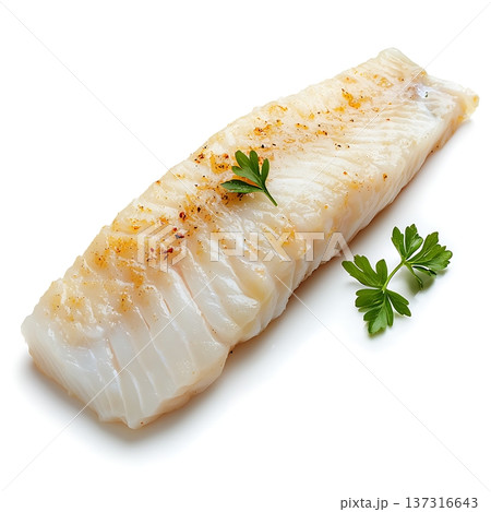 Fresh White Fish Fillet with Herbs and Spices on White Background for Culinary Use 137316643