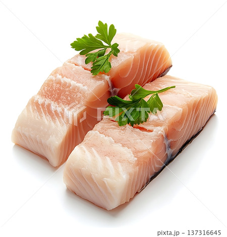 Fresh Raw Salmon Fillets with Garnish on White Background for Culinary Use and Presentation Fresh Raw Salmon Fillets with Garnish on White Background for Culinary Use and Presentation 137316645