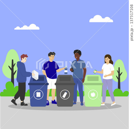 People Separating Garbage into Recycling Bins People Separating Garbage into Recycling Bins 137317108