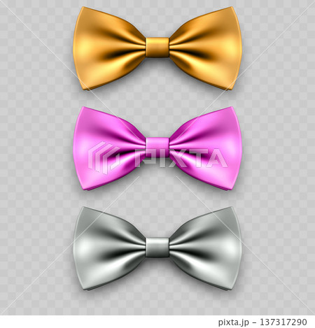 Realistic Satin Bow Tie Set. Vector Gold, Pink and Silver Silk Knots for Party or Formal Suit. 137317290