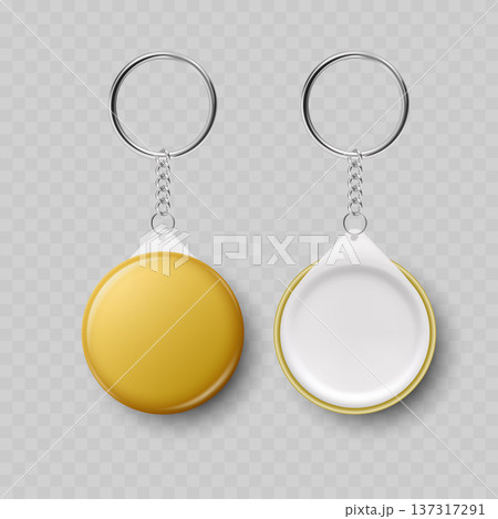 Realistic Round Button Keychain Mockup Set. Vector Yellow Plastic Key Ring Template 137317291