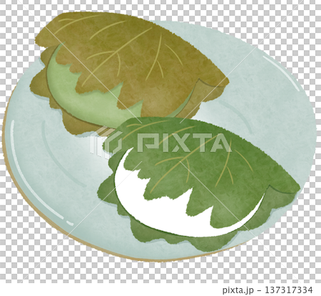 Kashiwamochi on a plate with white and mugwort Kashiwamochi on a plate with white and mugwort 137317334